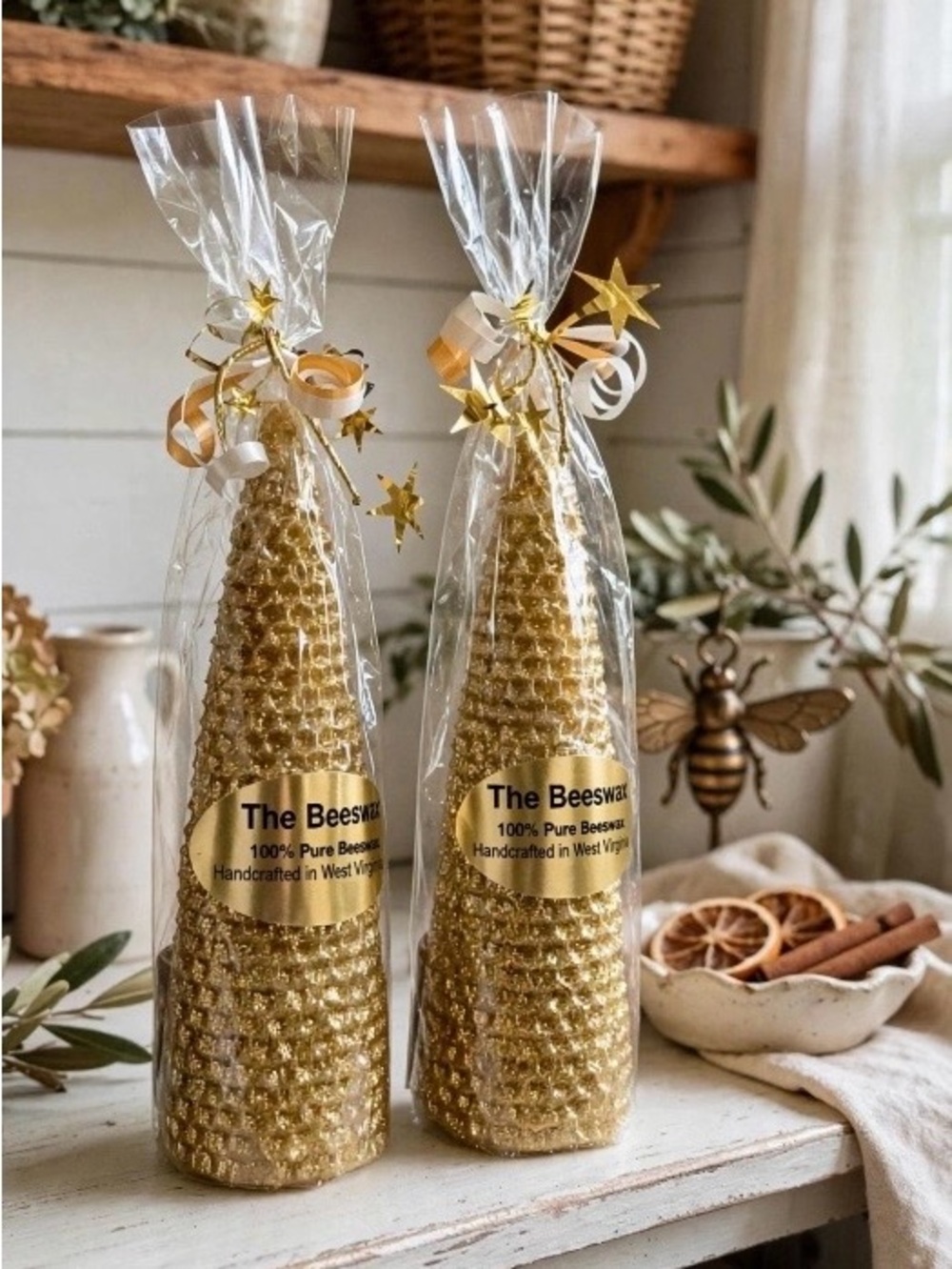 Vintage The BeeHive 100% Pure Beeswax Glitter Christmas Tree Candle Hand MadeWV